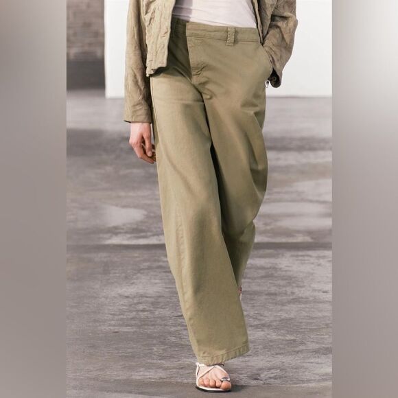 NWT ZARA WRAP CHINO PANTS ZW COLLECTION KHAKI GREEN XS - Picture 14 of 15